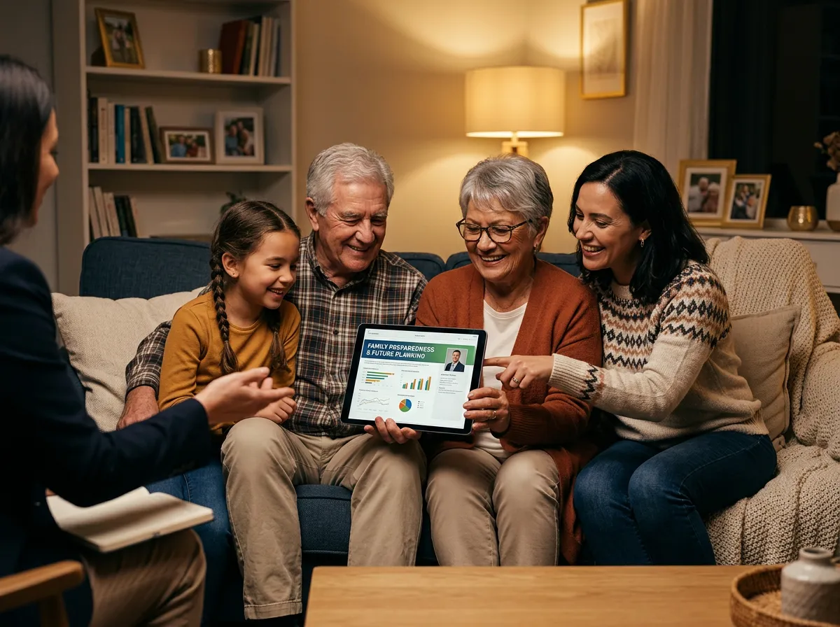 Multi-generational family gathered comfortably in living room planning future