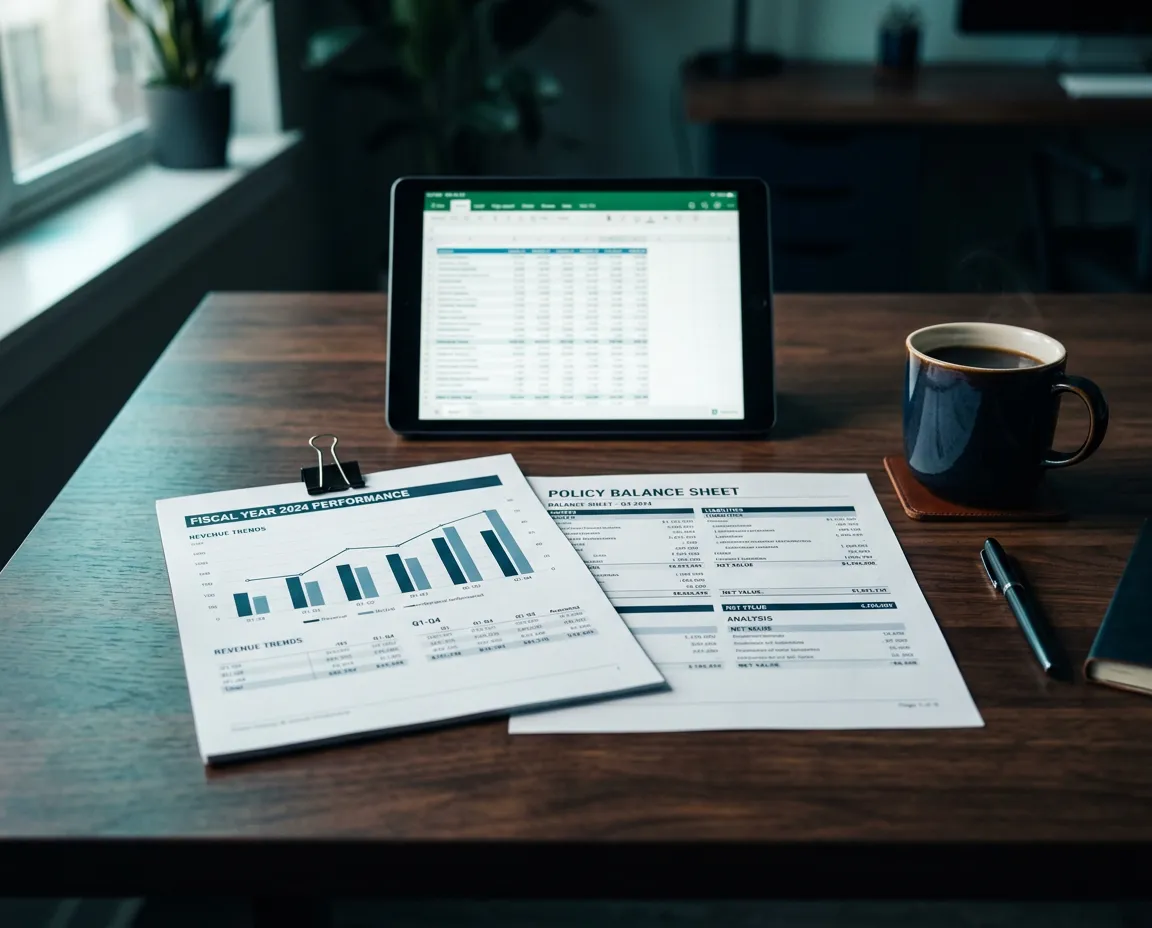 Financial charts, calculated policy balance sheets, and analytical audit documents arranged on wooden desk