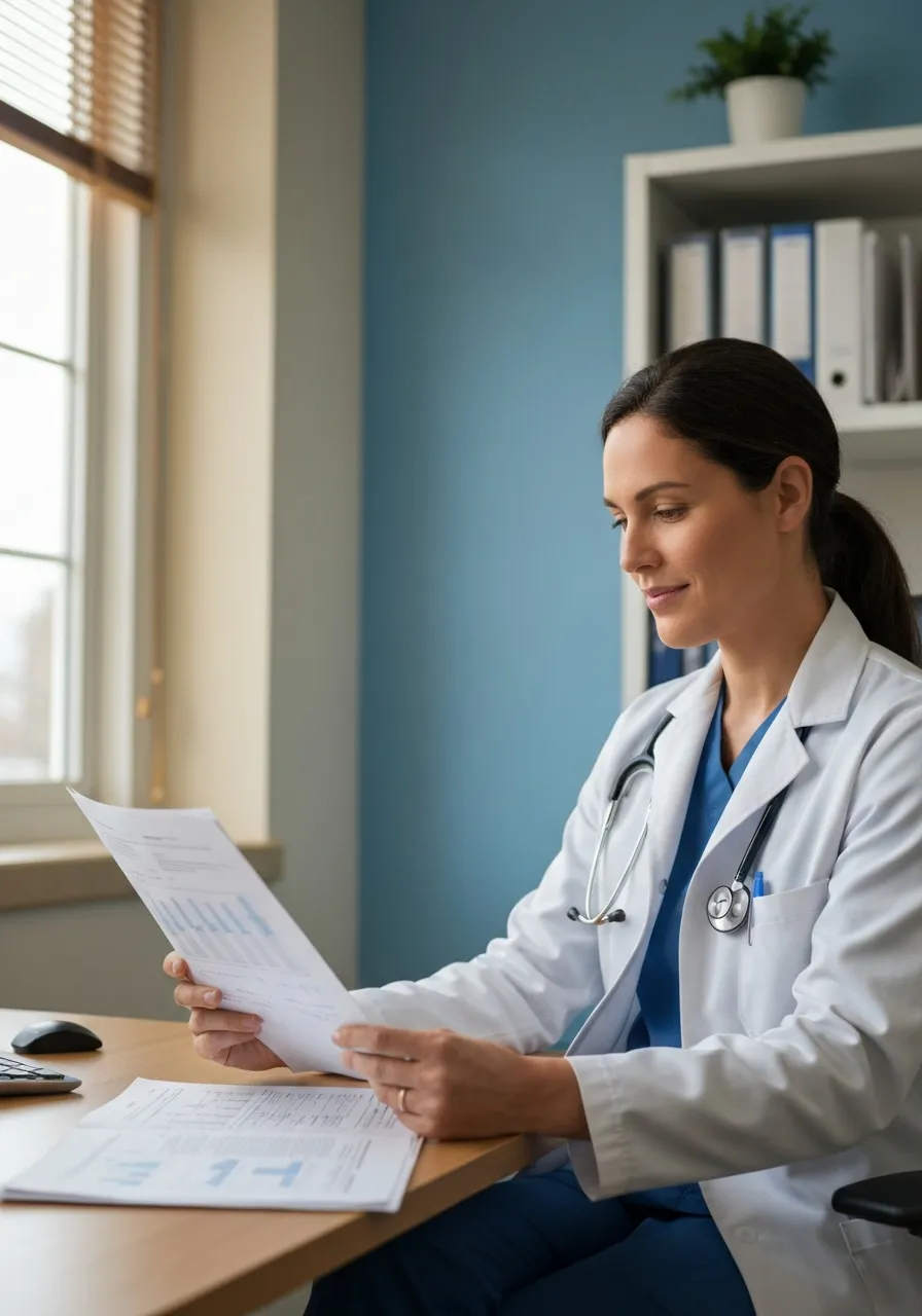 A calm medical professional thoughtfully reviewing a patient chart in a well-lit environment.