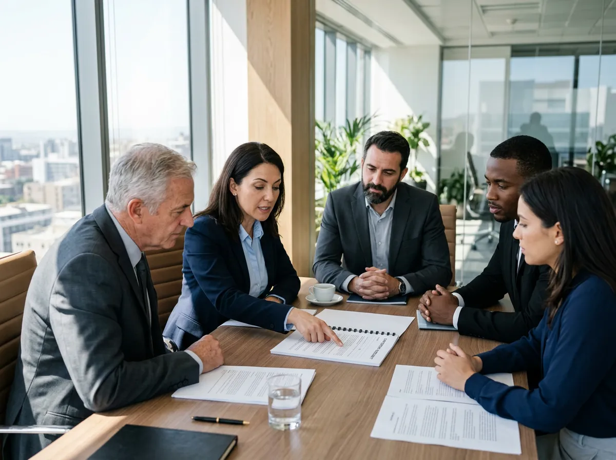 Corporate business partners in conference room reviewing partnership contract