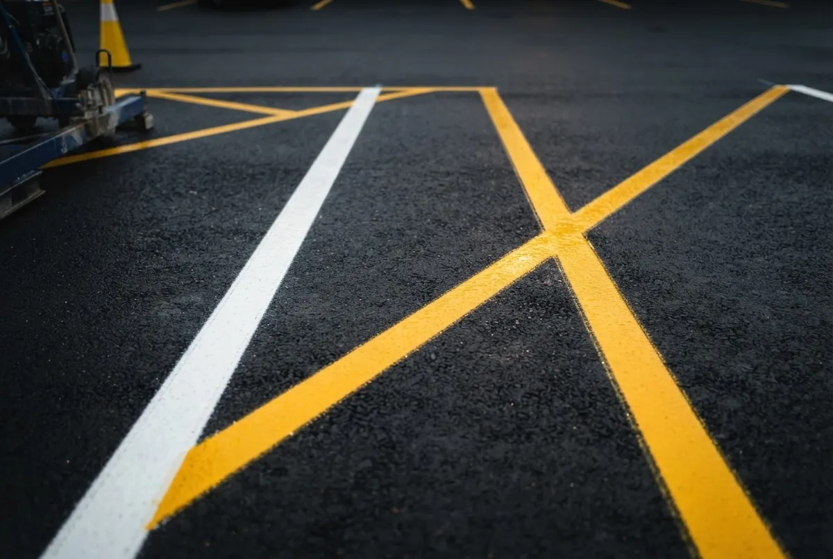 Freshly applied crisp yellow and white parking lot striping lines