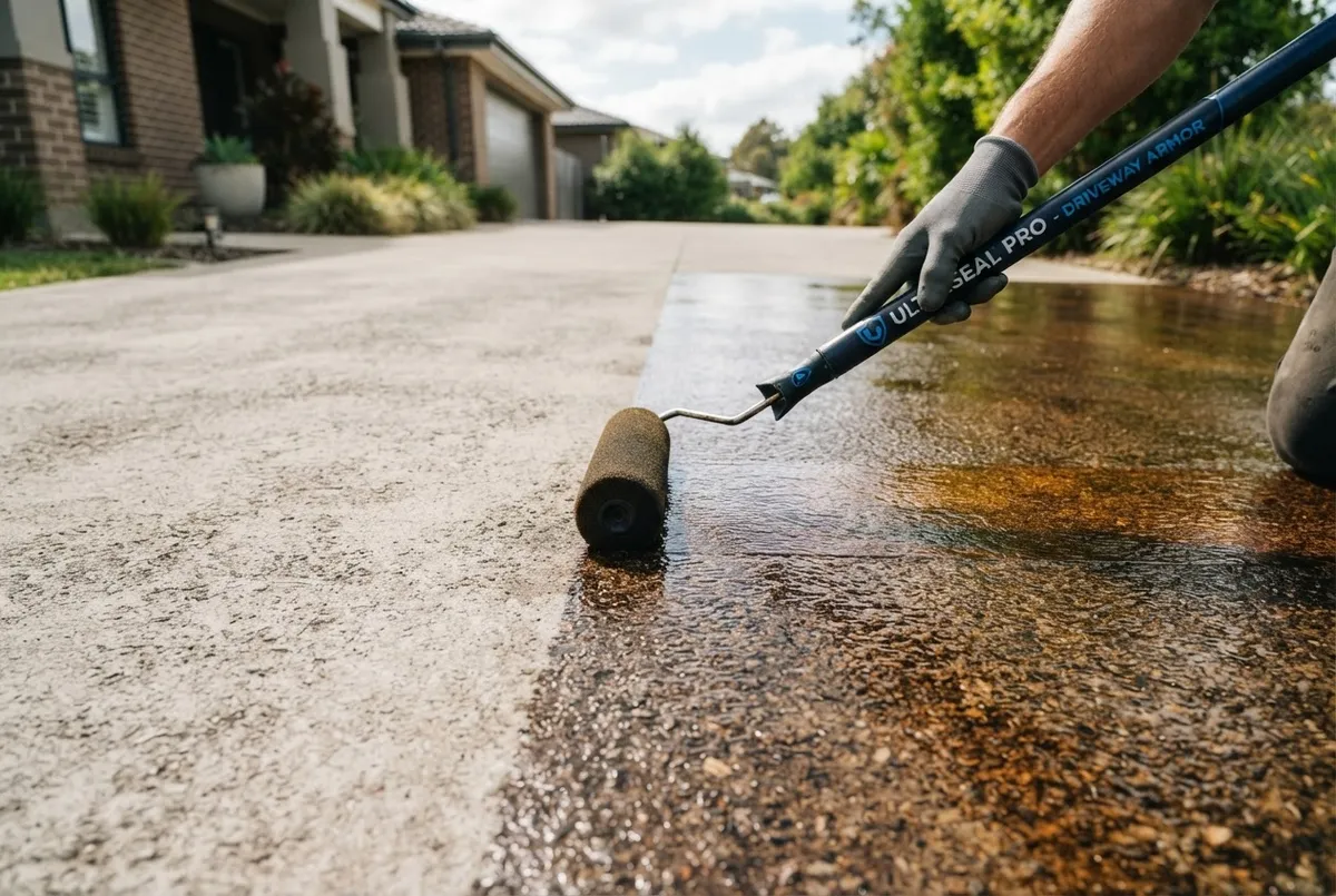Protective sealant applied evenly over a concrete driveway