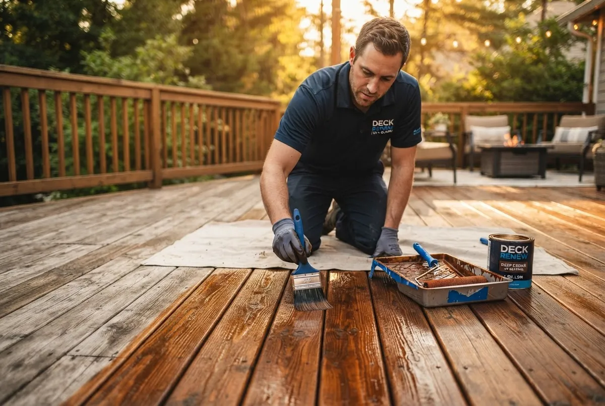 Outdoor entertainment deck revitalized with UV-blocking wood stain