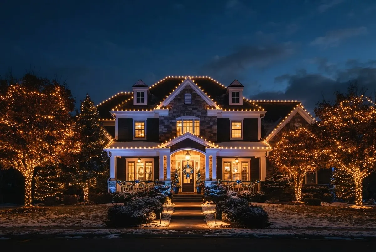 Custom holiday lighting display installed on home roofline and trees