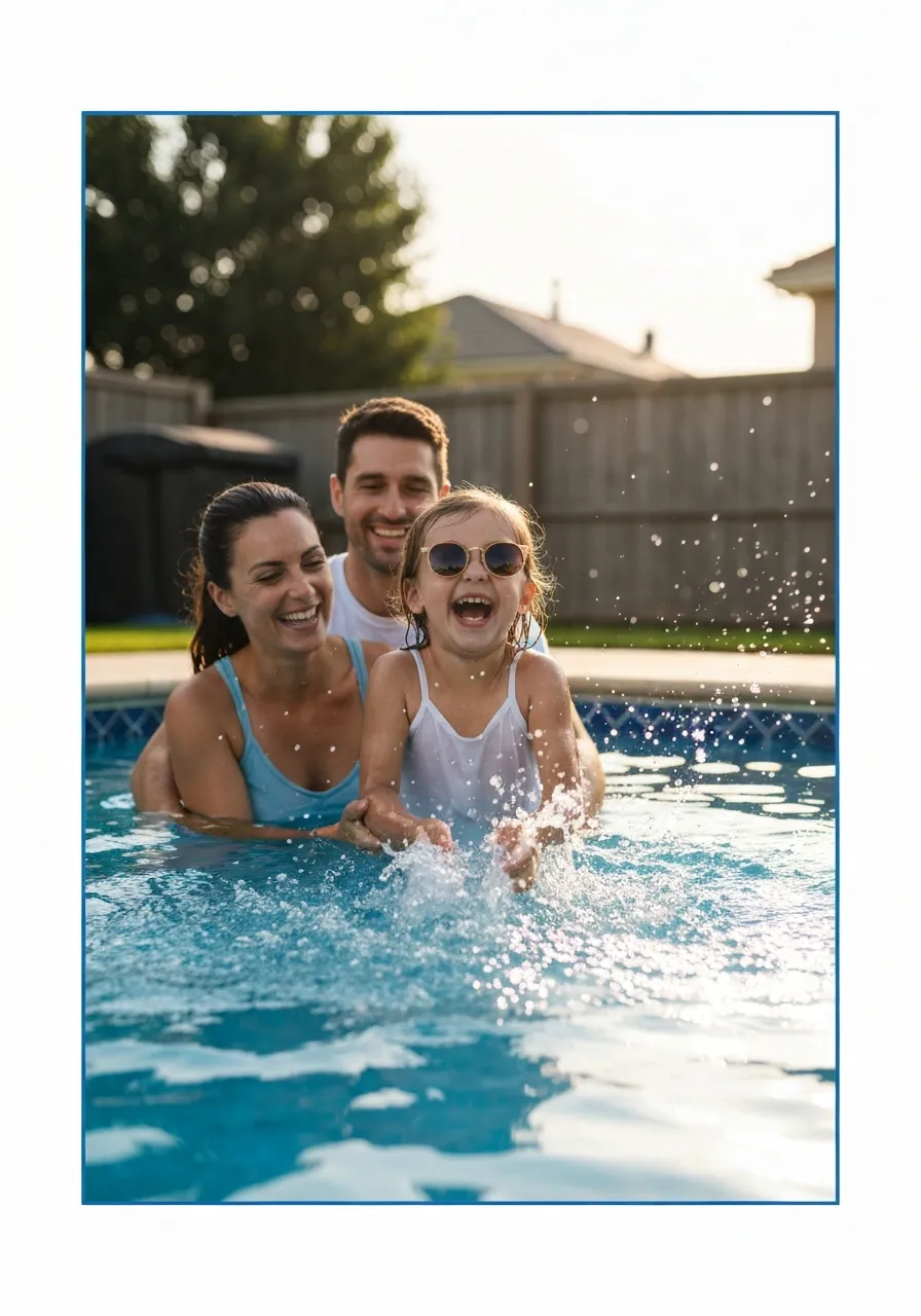 Family splashing and playing in a safe pool