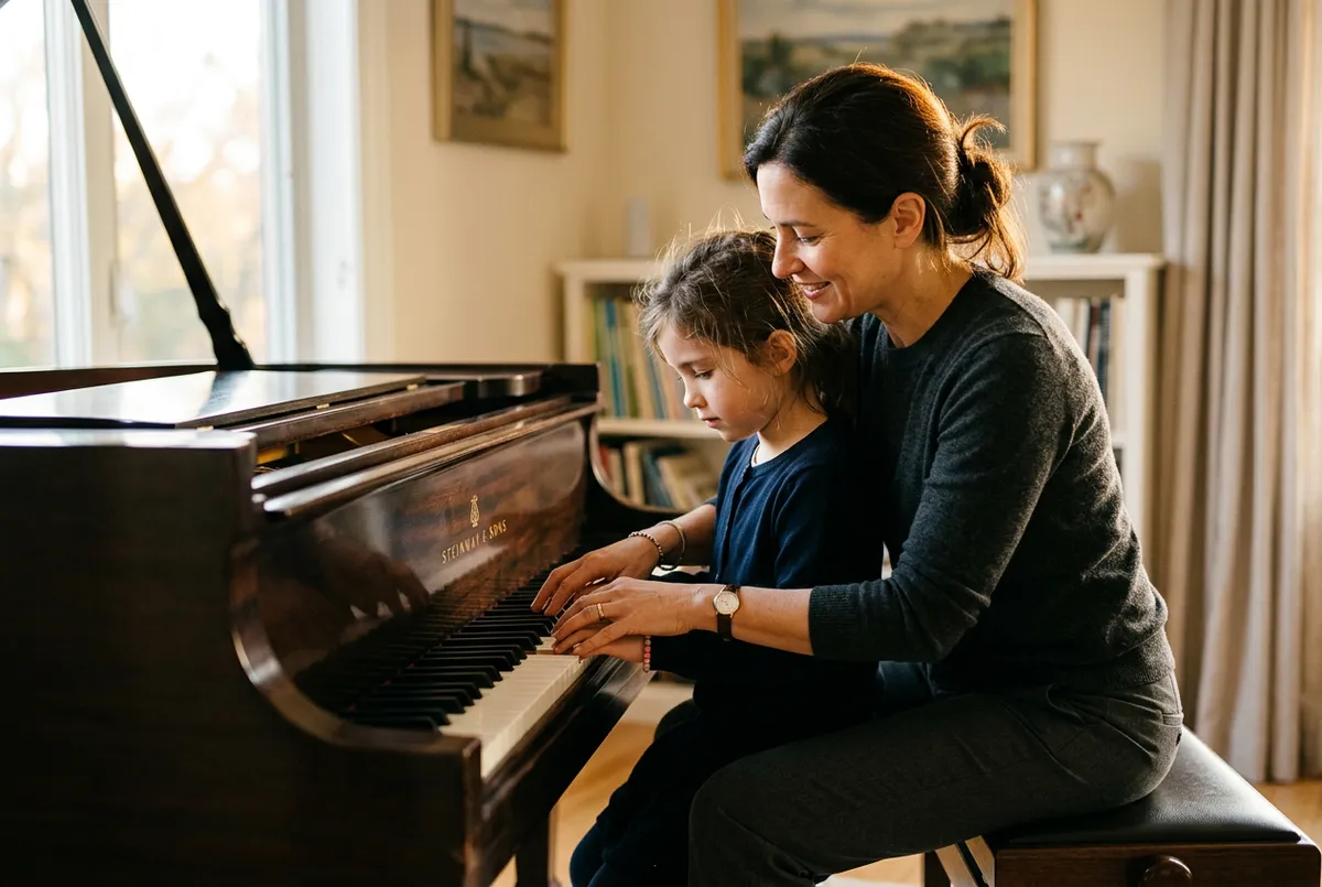 Vanessa Alliband guiding a piano student with gentle technique adjustments