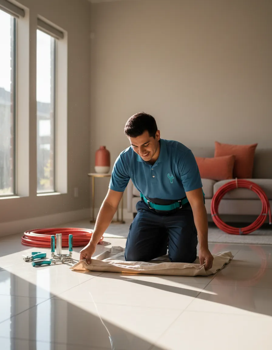 Friendly My Plumbing Friends technician laying down a drop cloth before a whole-home repipe in SWFL