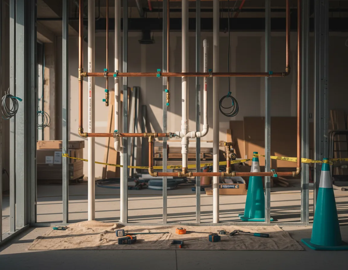 New commercial construction plumbing rough-in for tenant build-out