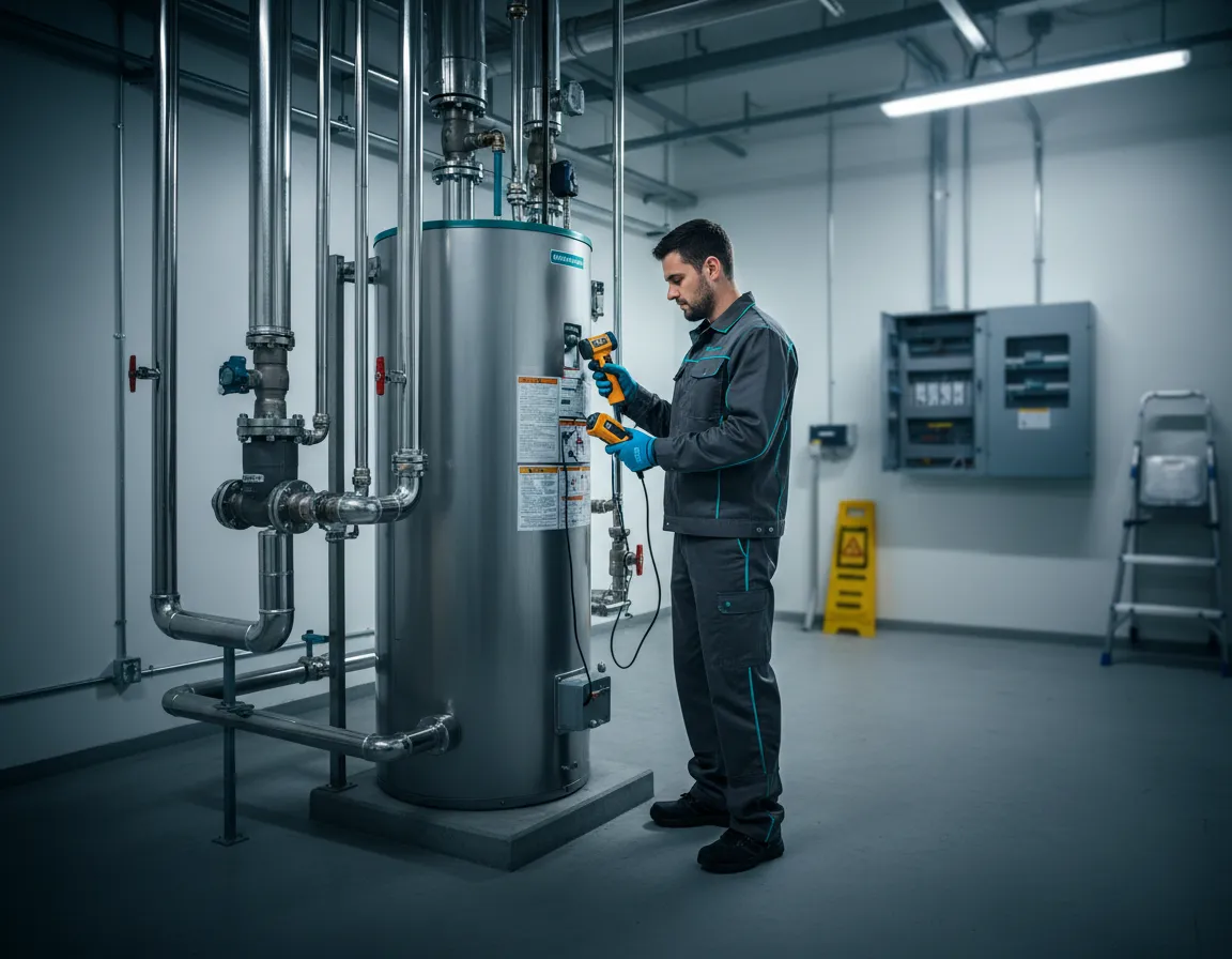 Commercial plumbing technician inspecting water heater for preventive maintenance