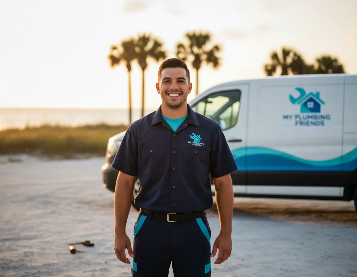 My Plumbing Friends team member smiling at job site