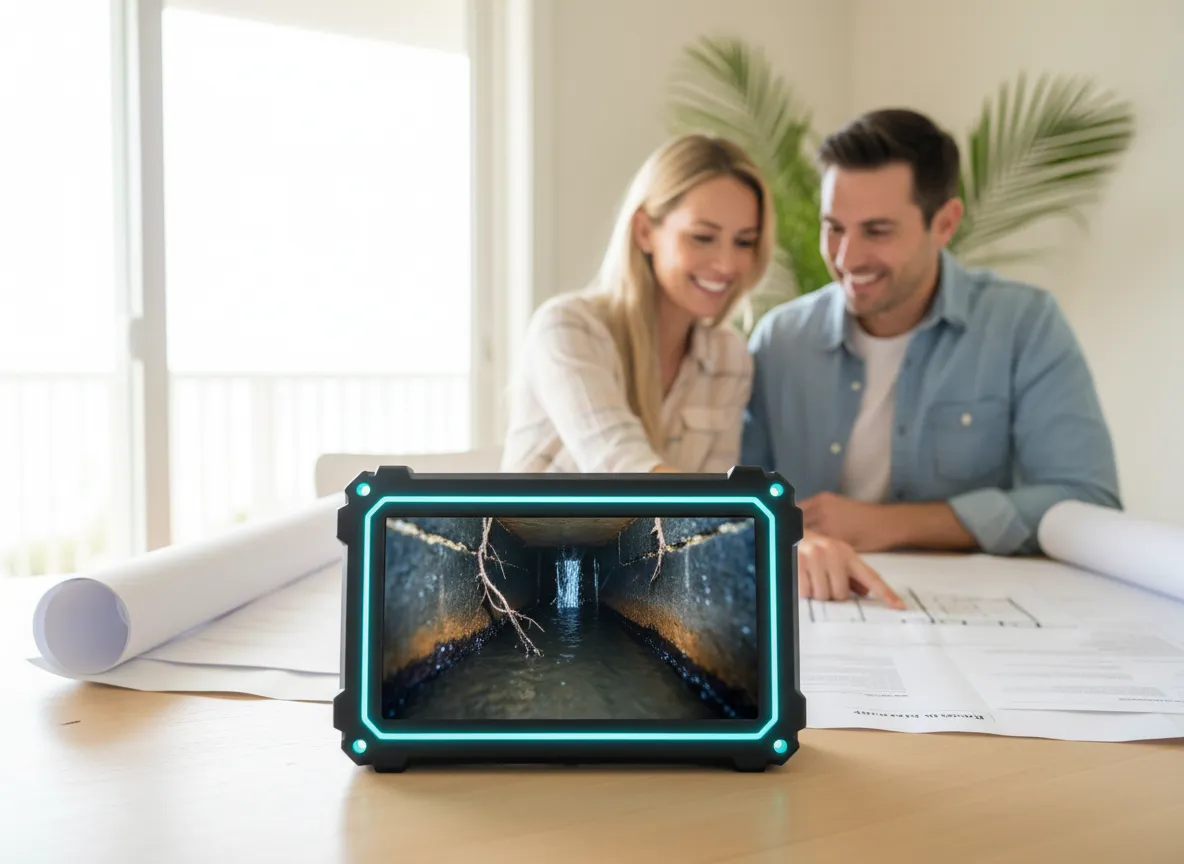 Sewer camera inspection monitor showing pipe condition for home buyers