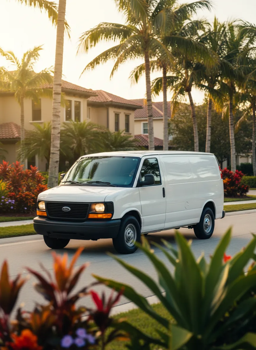 My Plumbing Friends service van driving through a scenic Bonita Springs neighborhood