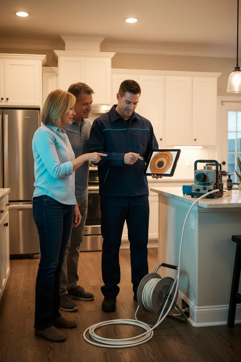 Professional plumber performing a diagnostic camera inspection on a residential sewer line