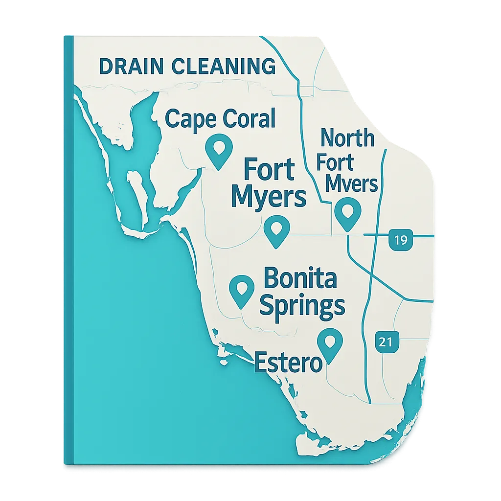 Map graphic highlighting Southwest Florida service areas for drain cleaning