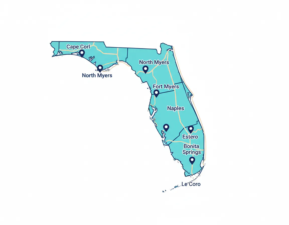 Map of Southwest Florida showing commercial plumbing service areas including Cape Coral, Fort Myers, and Naples