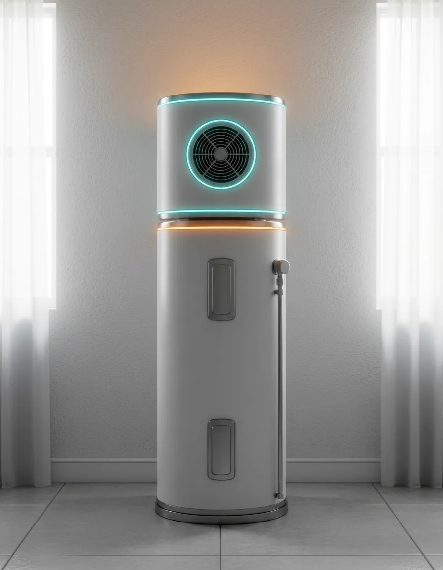 Diagrammatic photo of a hybrid heat pump water heater showing air intake