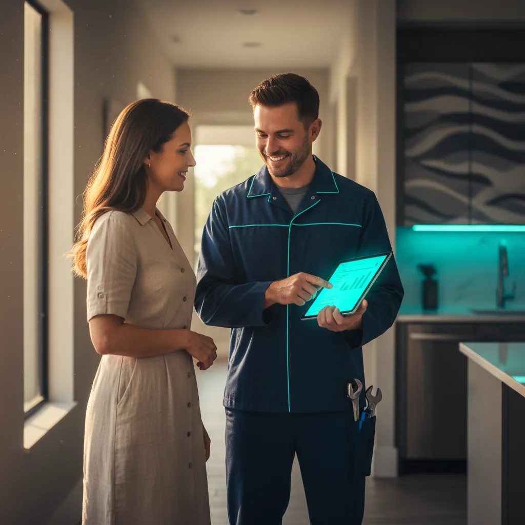 Friendly plumbing technician explaining the annual inspection process to a happy homeowner