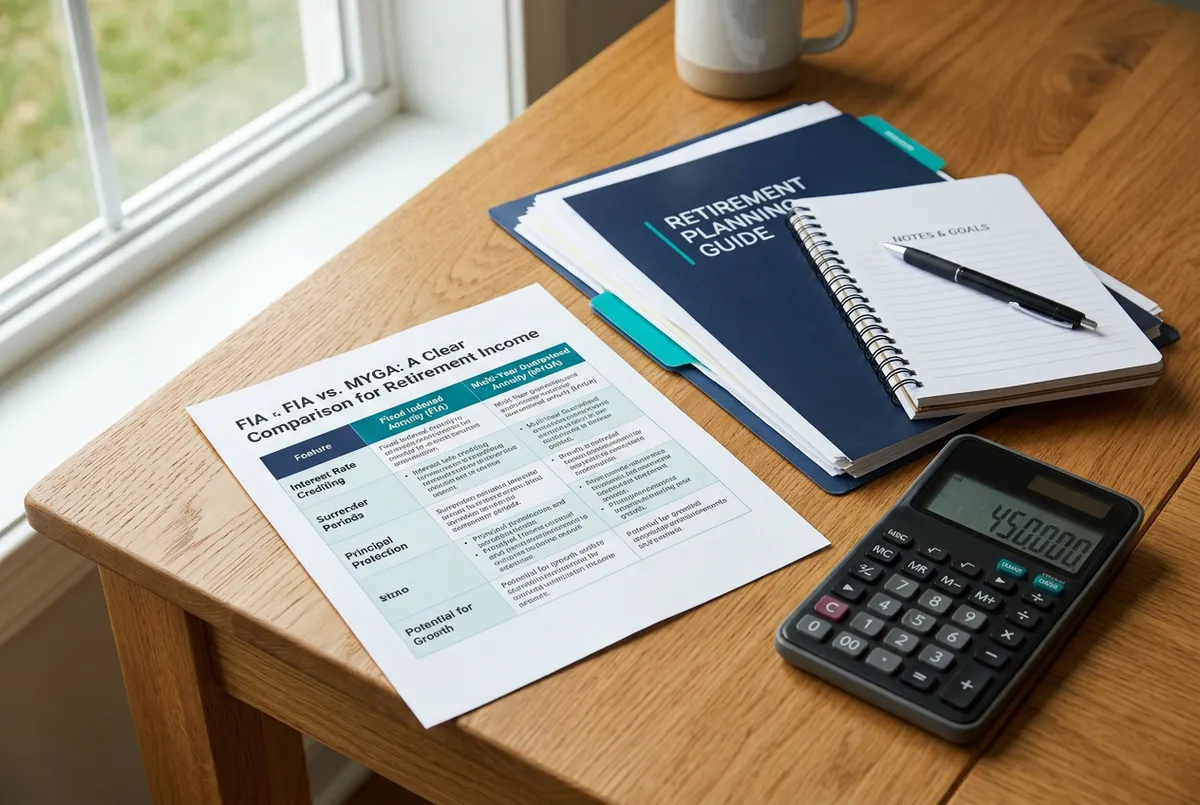 FIA vs MYGA comparison chart and retirement planning paperwork
