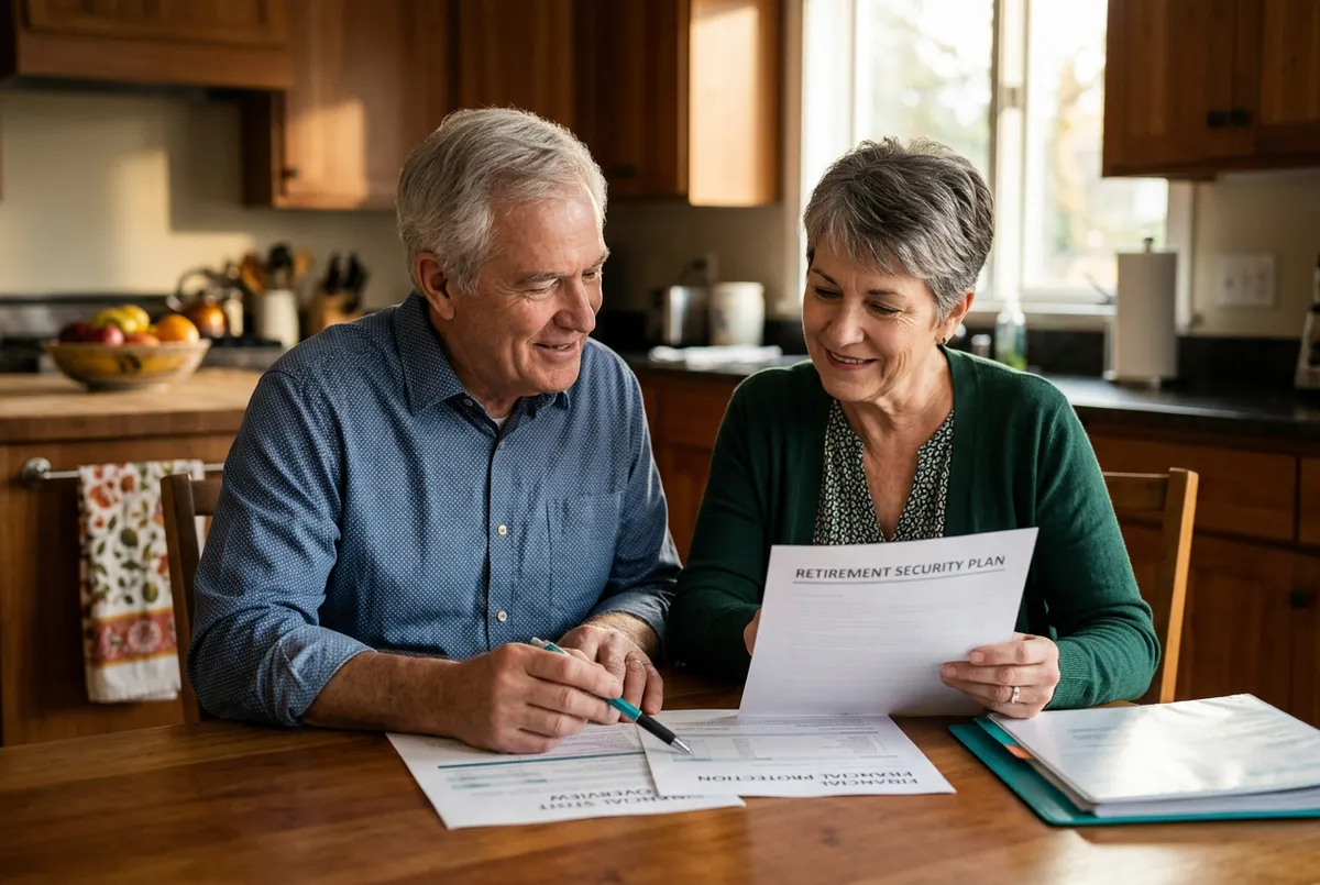 Senior couple reviewing financial protection and safety documents