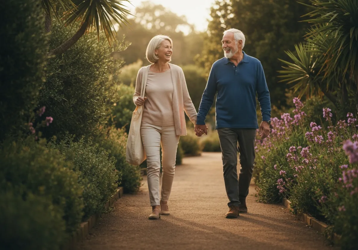 Active retired couple walking outdoors, representing living benefits