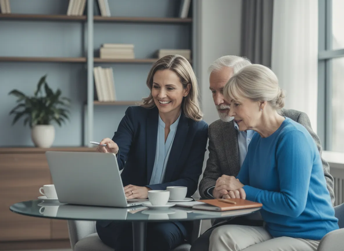 Annuity Gal advisor speaking with retired couple about fixed indexed annuity options.