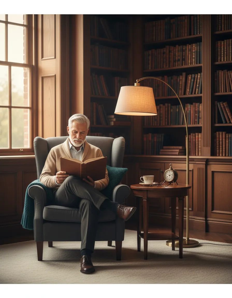 Supportive lifestyle image of a relaxed retiree enjoying their home
