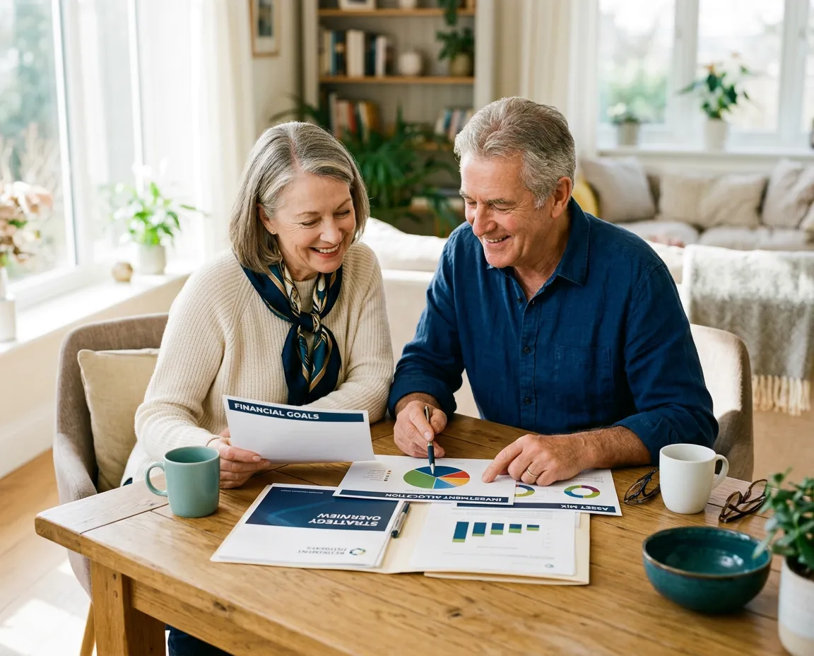 Mature couple smiling while reviewing retirement strategy and financial charts together at home