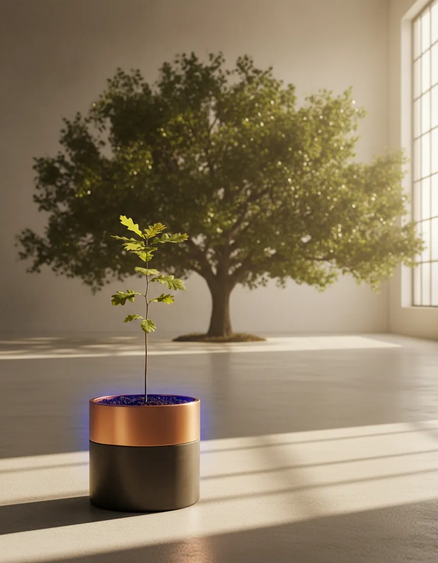 Planting a sapling with a mature tree in the background representing delayed income growth over time