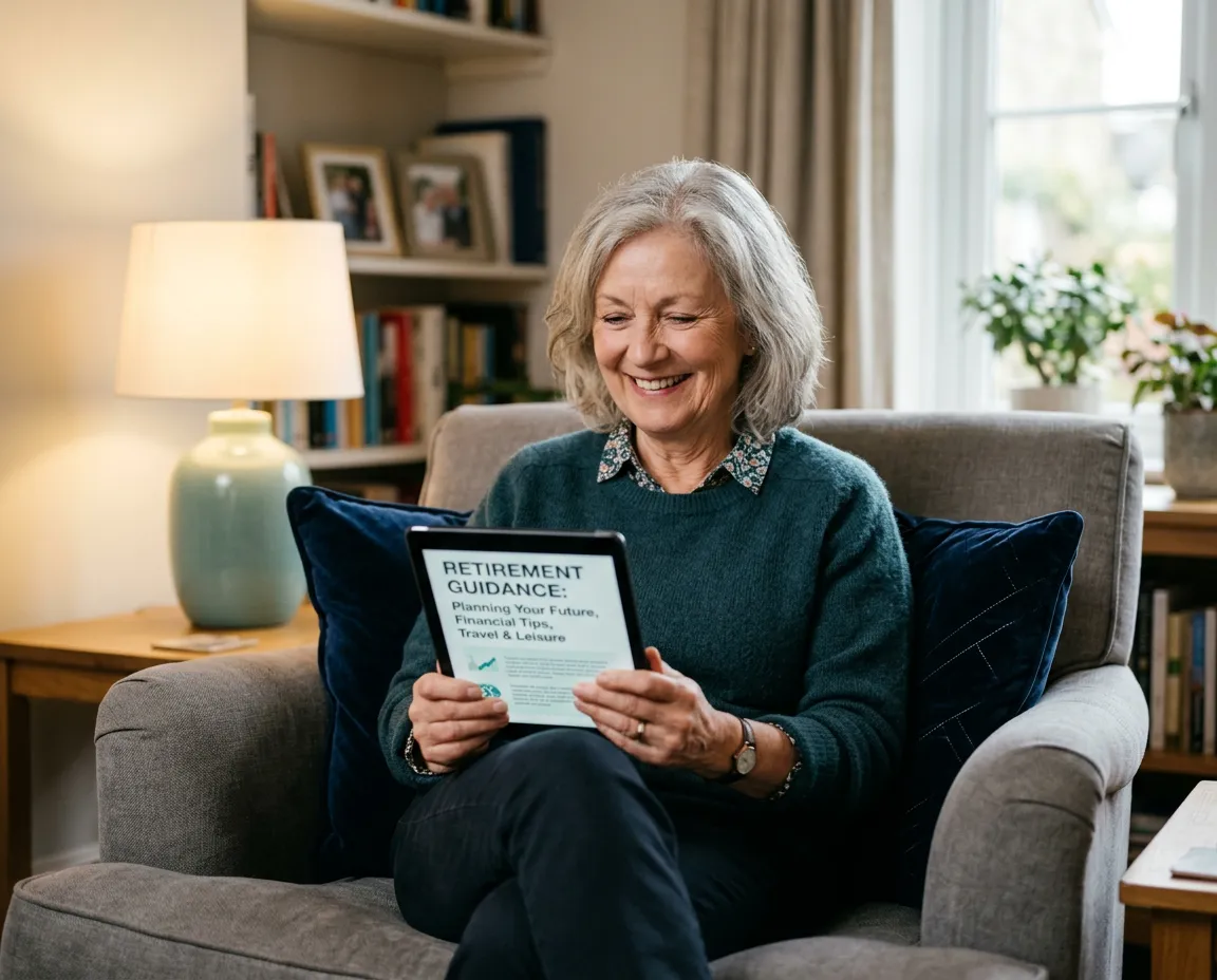 Active senior smiling comfortably while reading retirement guidance on a digital tablet at home