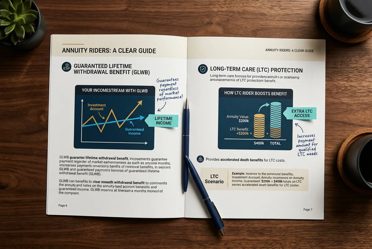 Annuity riders guide diagram highlighting GLWB and long term care features