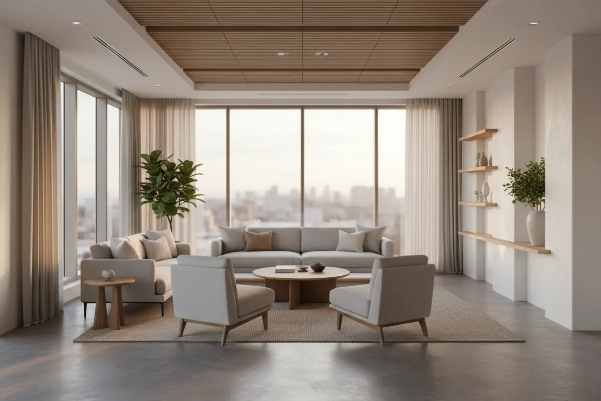 Lobby and meeting space inside the Towerview office building in Ballantyne