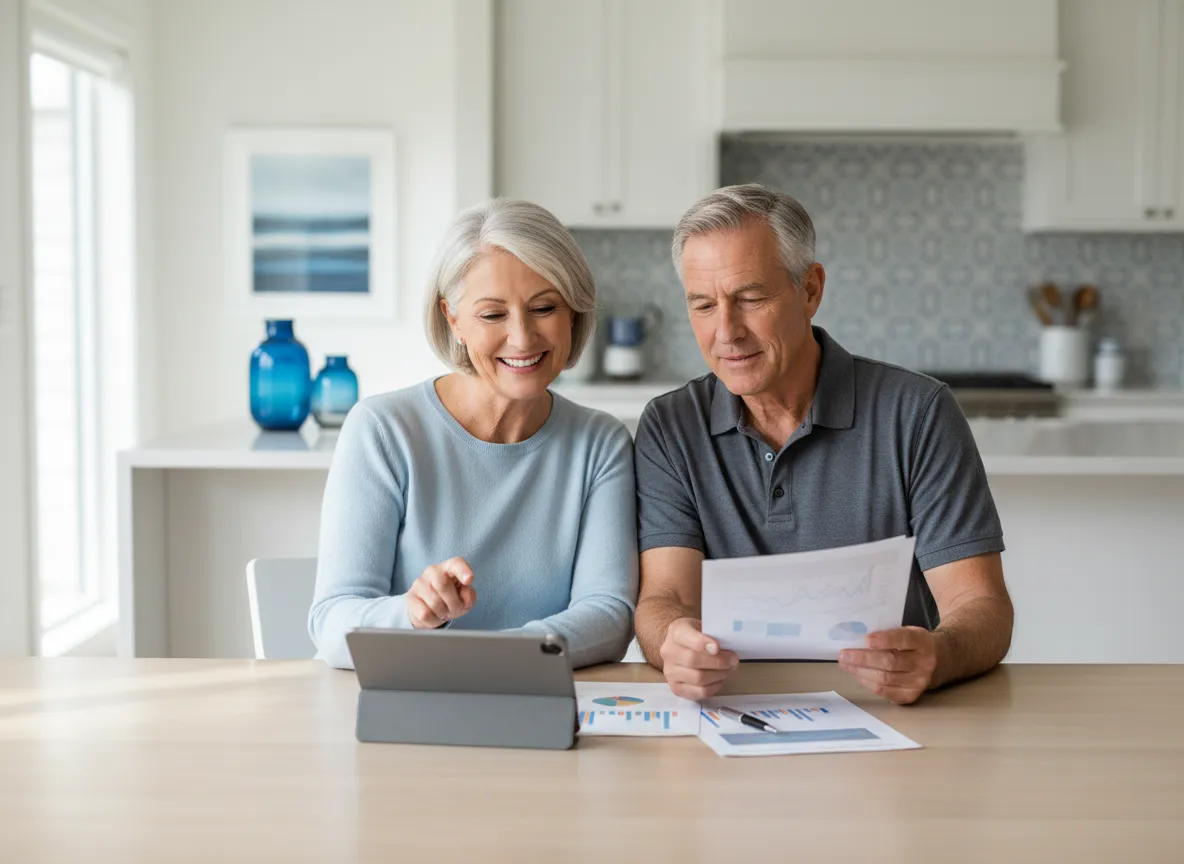 Confident retiree couple reviewing fixed indexed annuity income plan.