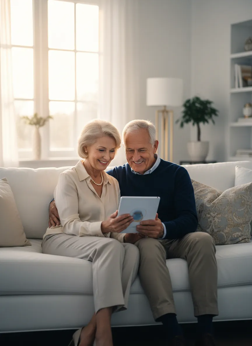 Couple reviewing finances with a smile