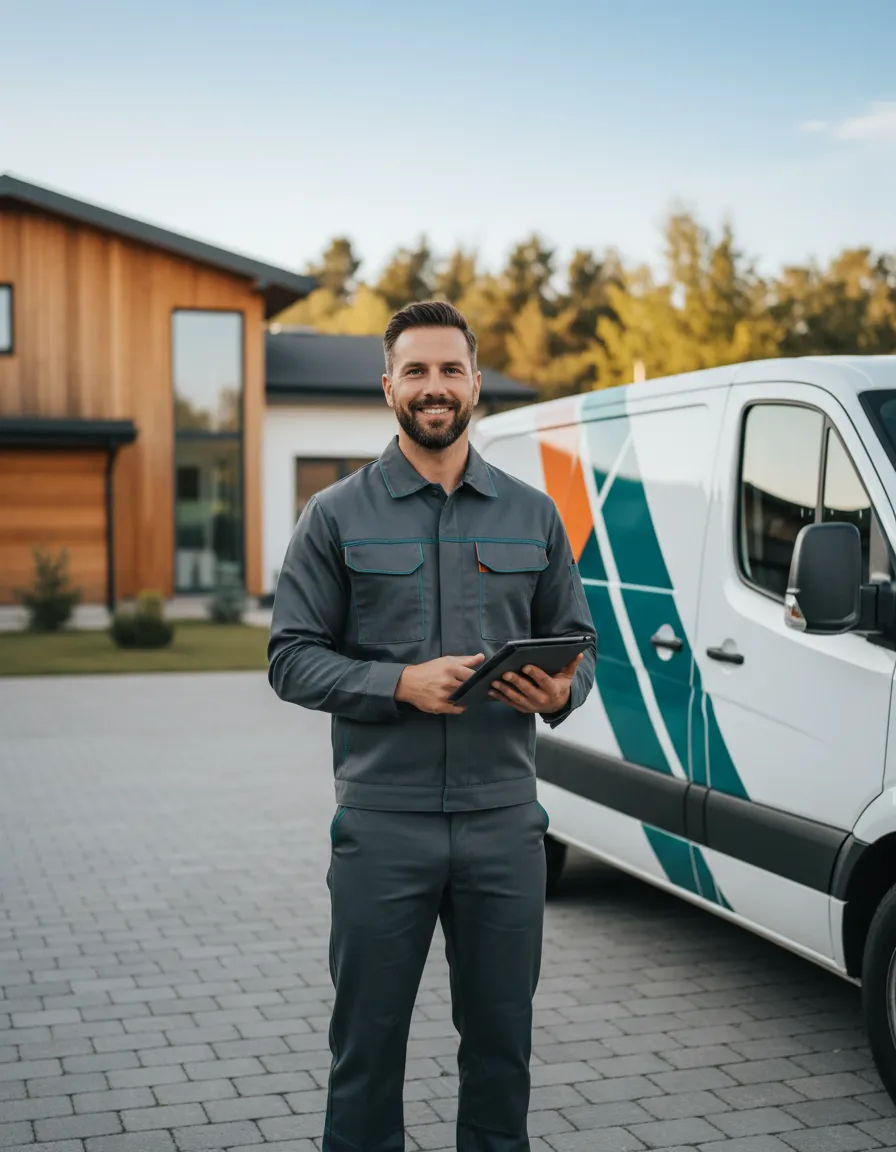 A professional home service contractor in uniform, smiling and ready for work.