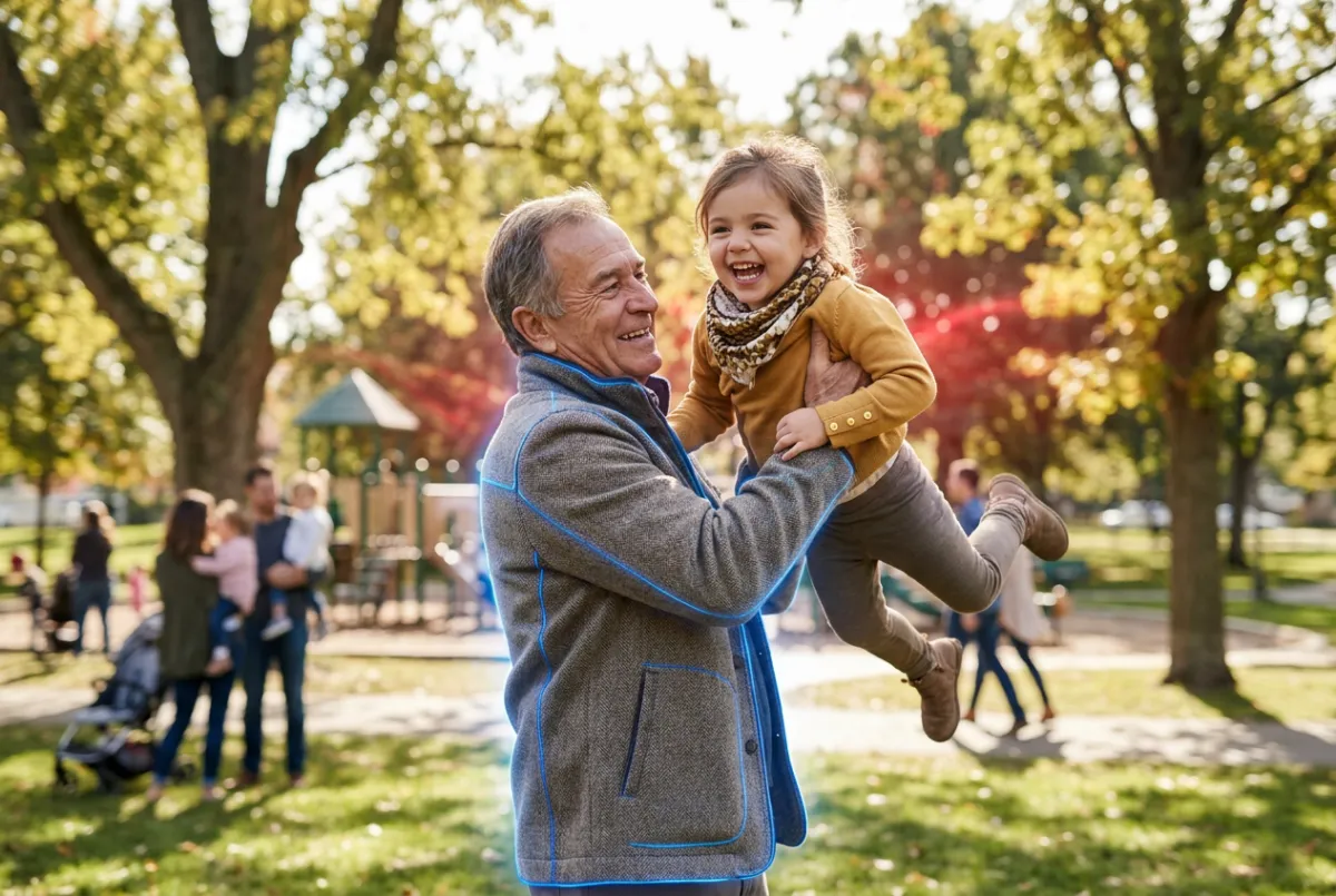 Grandfather playfully lifting and chasing his young grandchild at a sunny community park