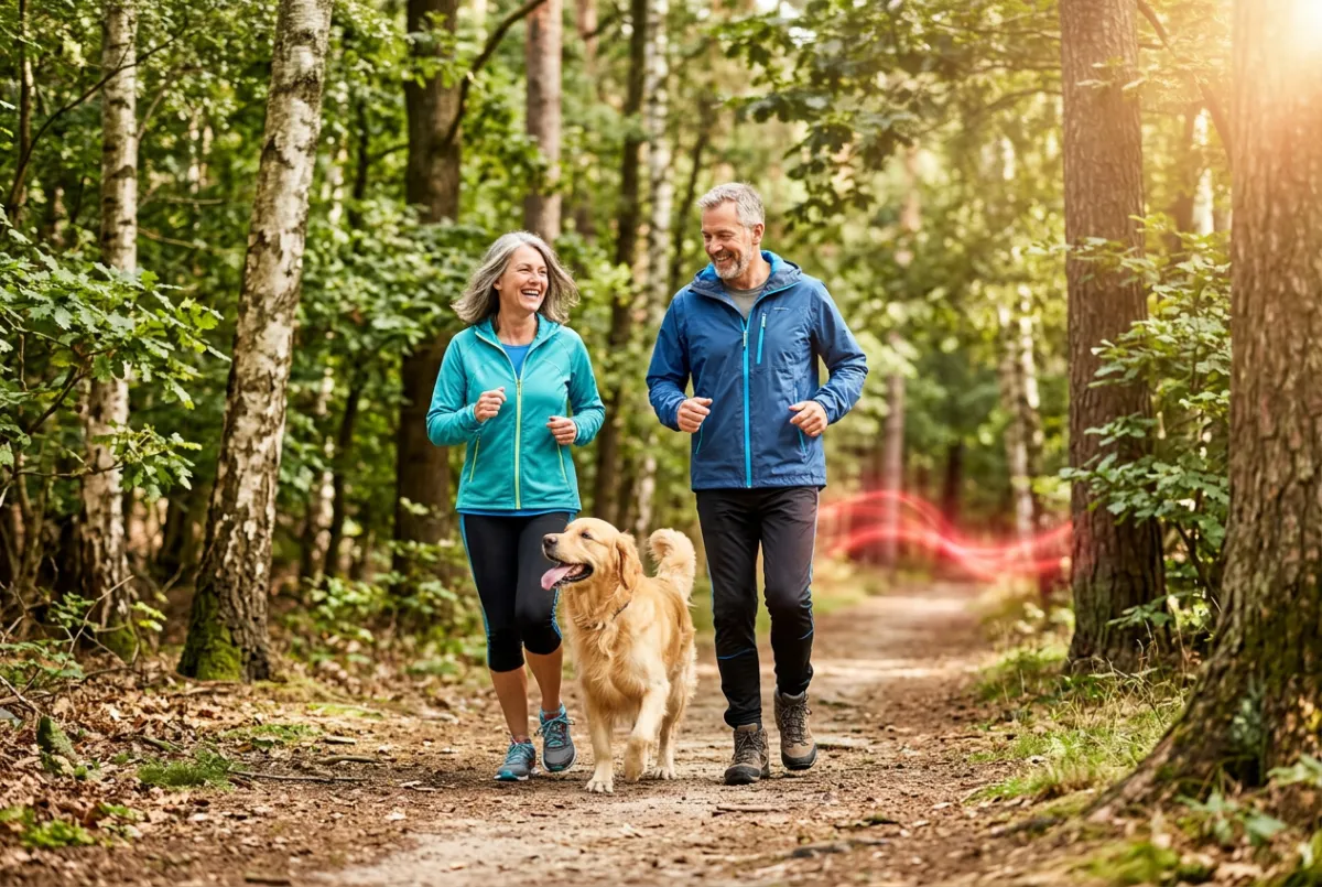 Couple taking a brisk morning nature walk on a sunny forest trail without knee fatigue
