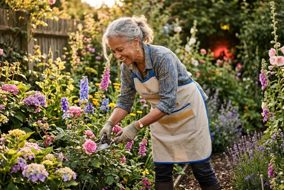 Active senior woman happily tending to garden flowers without lower back stiffness