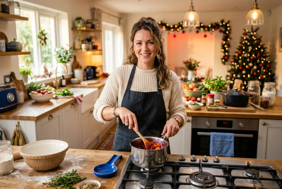 Woman standing comfortably in kitchen cooking and baking holiday meals without knee ache
