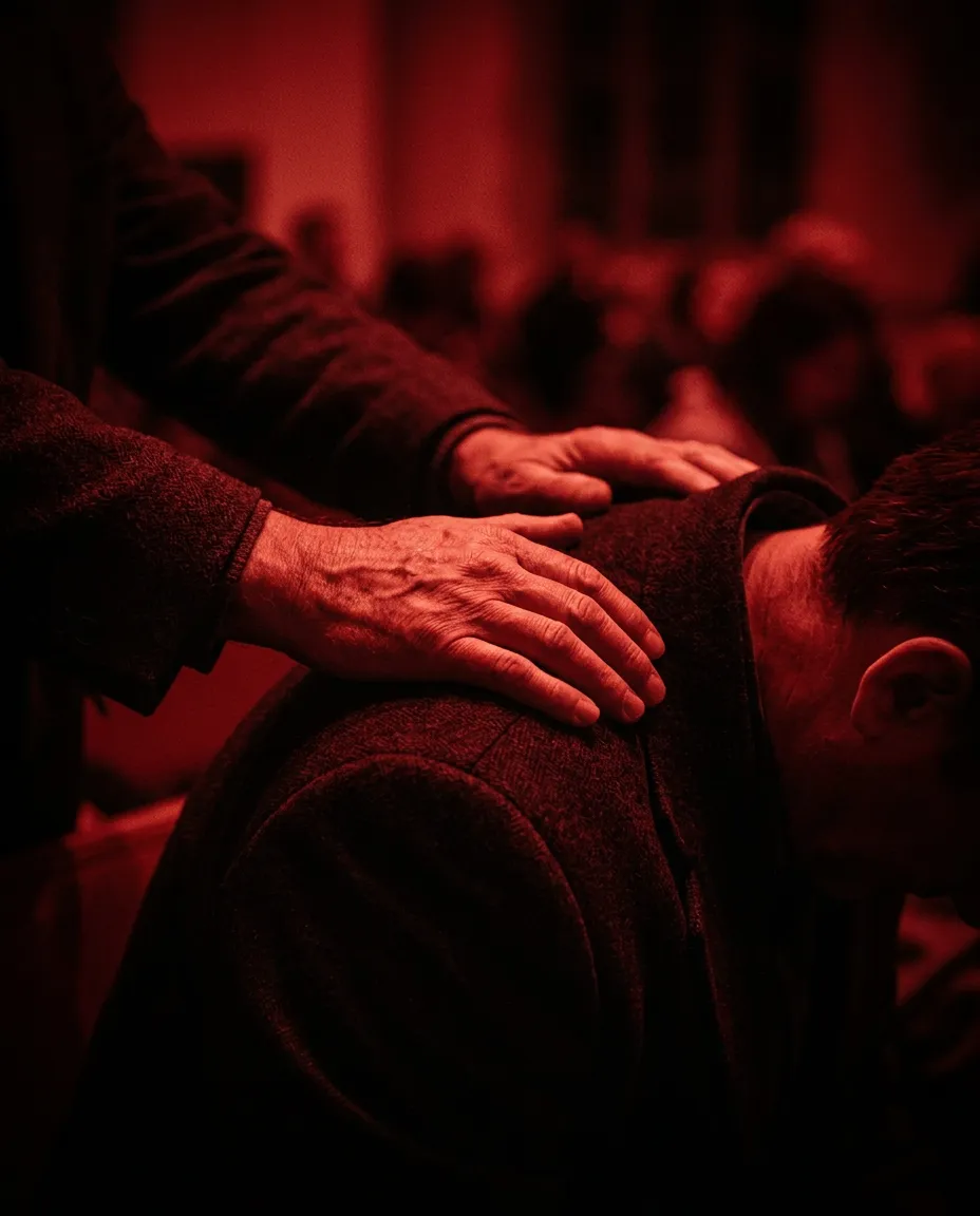 Raw saturated photograph of an altar moment washed in prophetic fiery red lighting