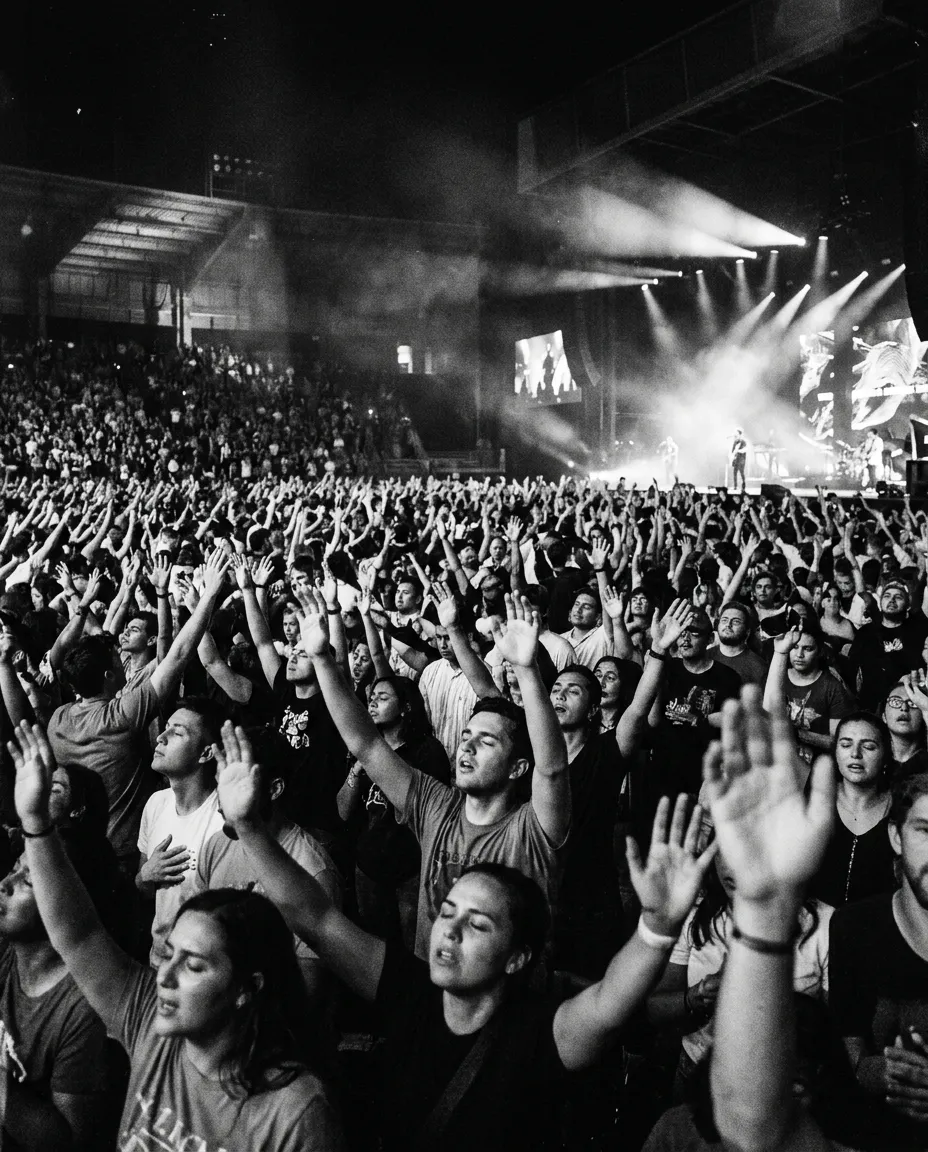 Gritty high-contrast grayscale photograph of an intense arena altar call with hands raised