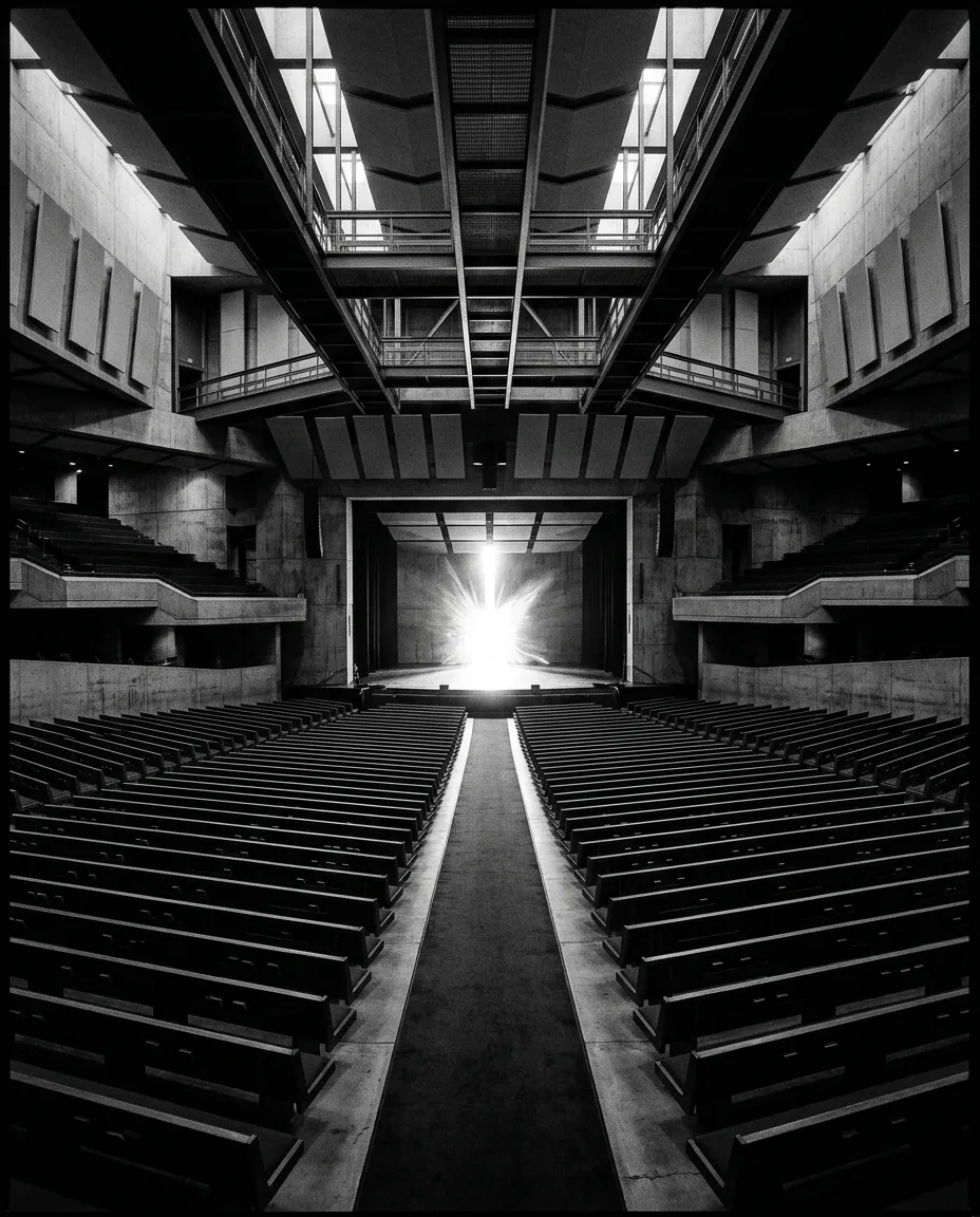 Gritty dramatic black and white photograph of national delegates in intense worship