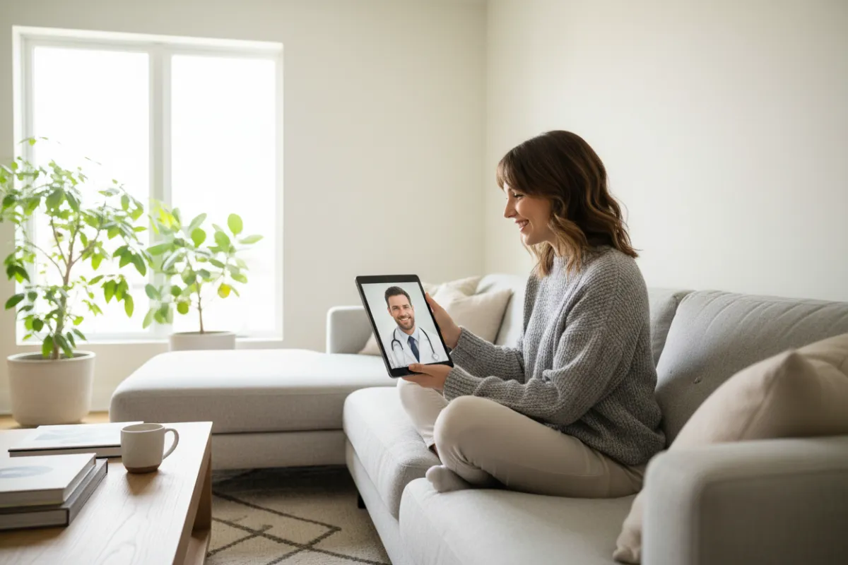 A young woman in her twenties, sitting cross-legged on a modern sofa, smiling as she consults with a doctor via tablet. The background is a bright, airy living room with plants and soft natural light. The image is crisp, contemporary, and conveys comfort and accessibility.