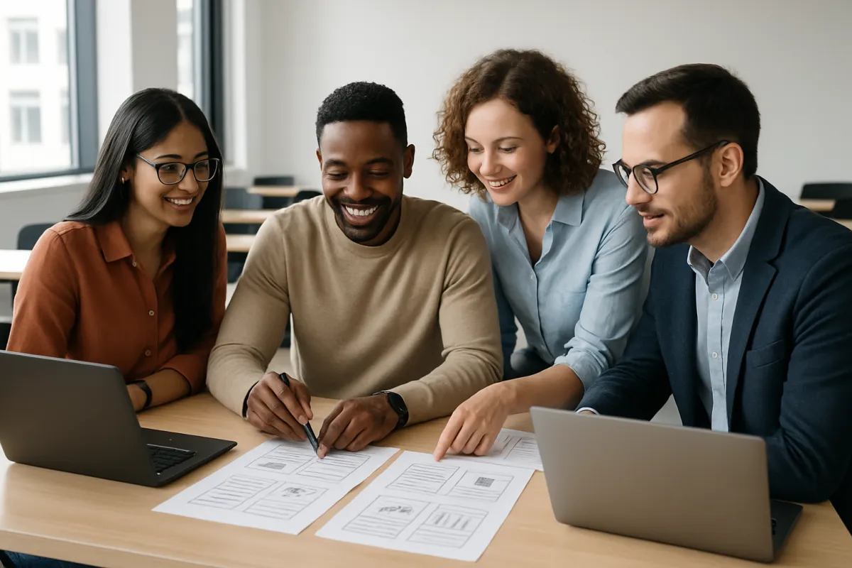 Small group of diverse professionals collaborating around a table with laptops and printed templates in a bright modern training room.