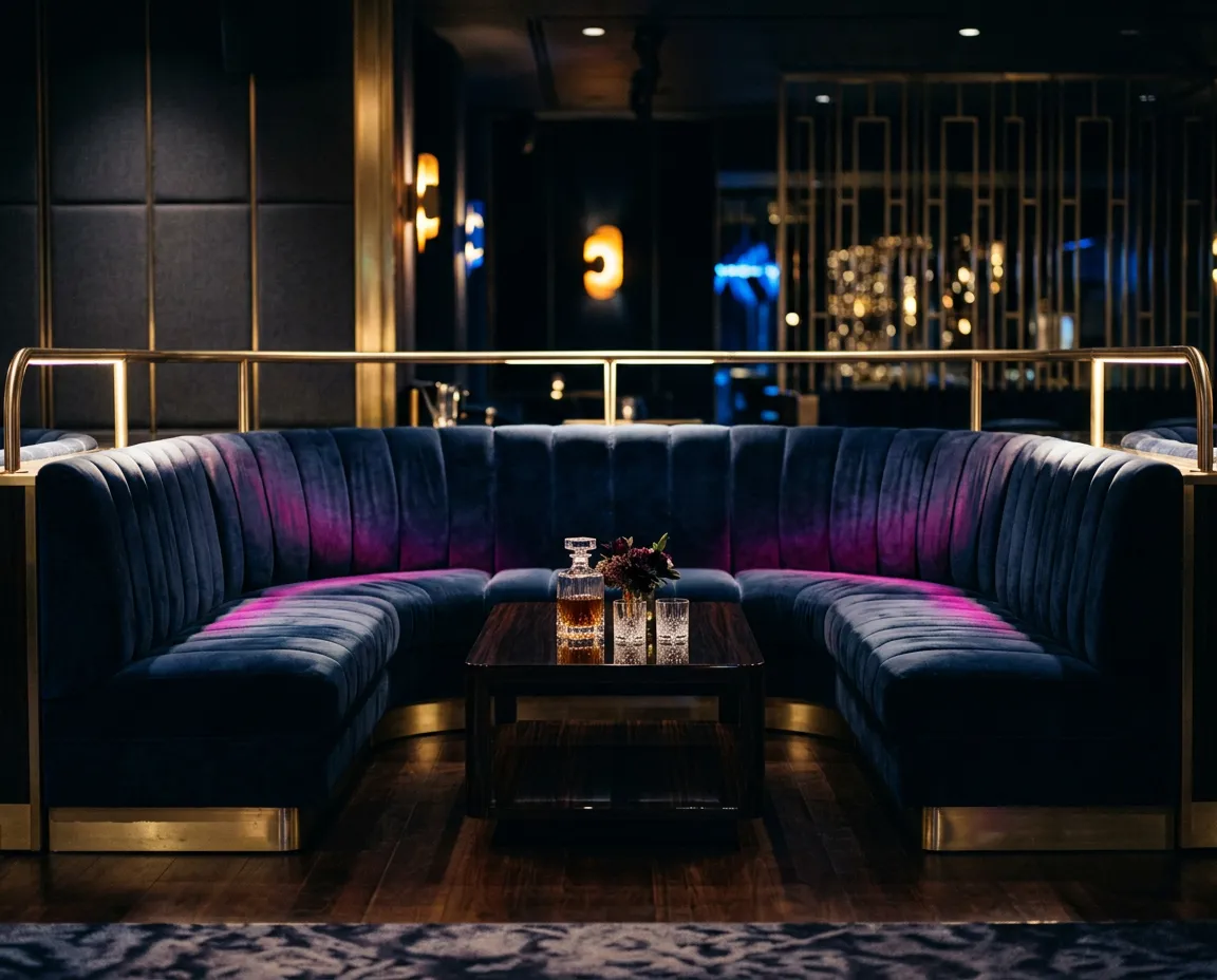 Atmospheric empty VIP lounge booth inside a premier luxury nightclub venue with mood lighting