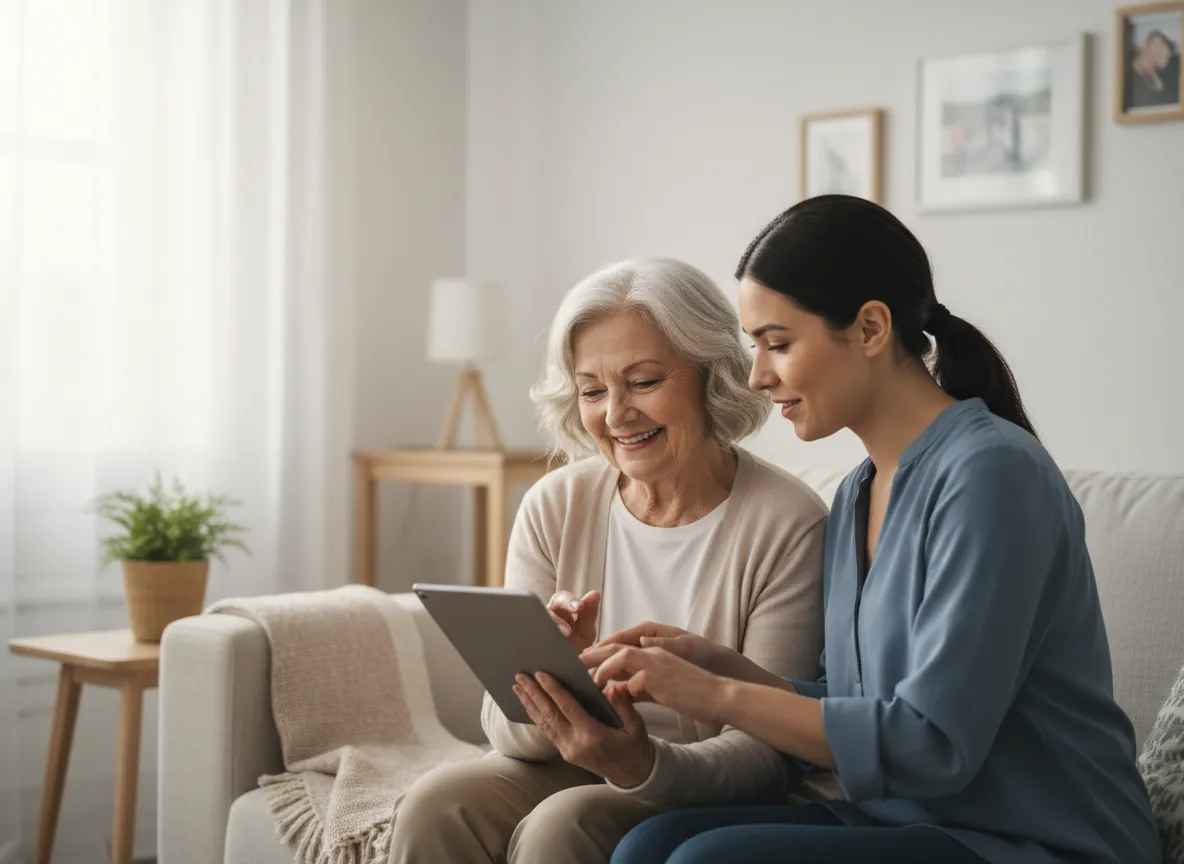 Caregiver helping an elderly woman at home