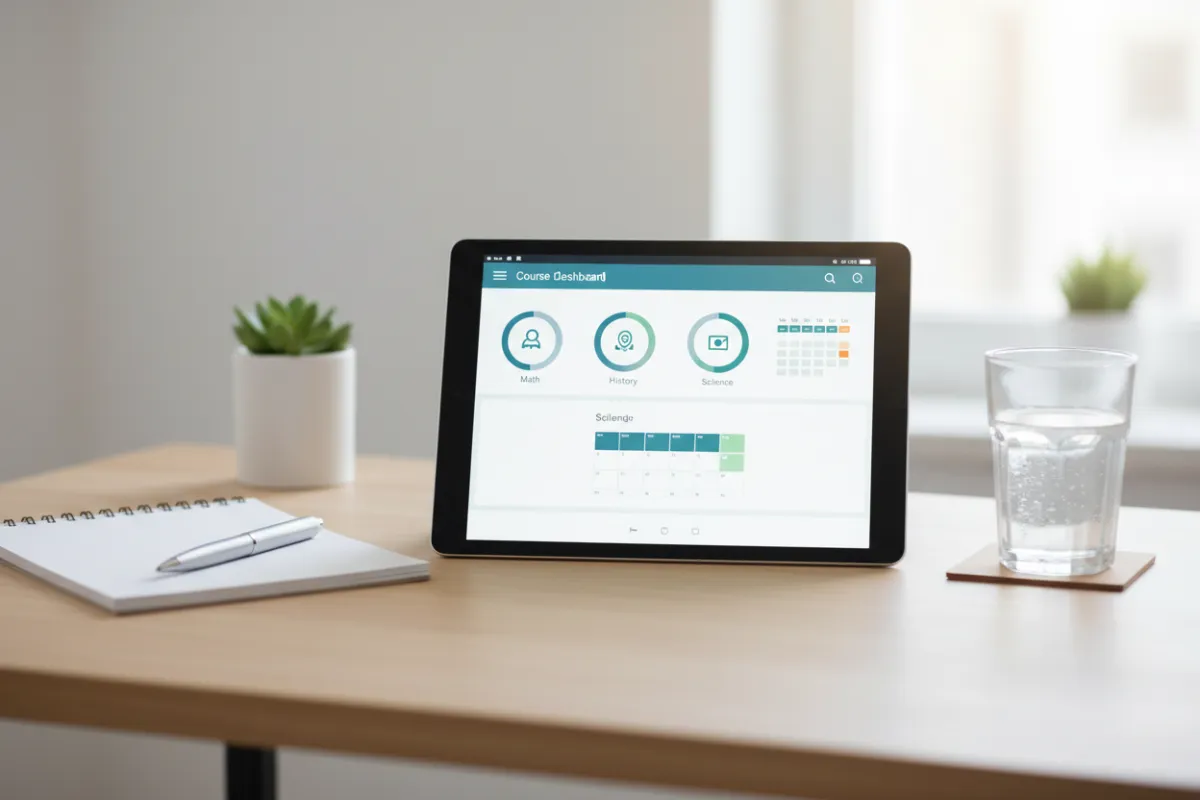 A digital tablet displaying a course dashboard, surrounded by a notepad, pen, and a glass of water on a tidy desk. The scene is bright and organized, evoking productivity and clarity. 3:2 aspect ratio.