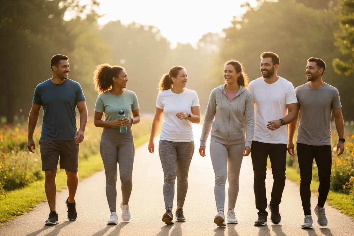 A diverse group of adults in athletic wear, smiling and walking together in a sunlit park, representing inclusivity and positive energy on a wellness journey. The background is softly blurred, emphasizing the group’s camaraderie and movement. 3:2 aspect ratio.