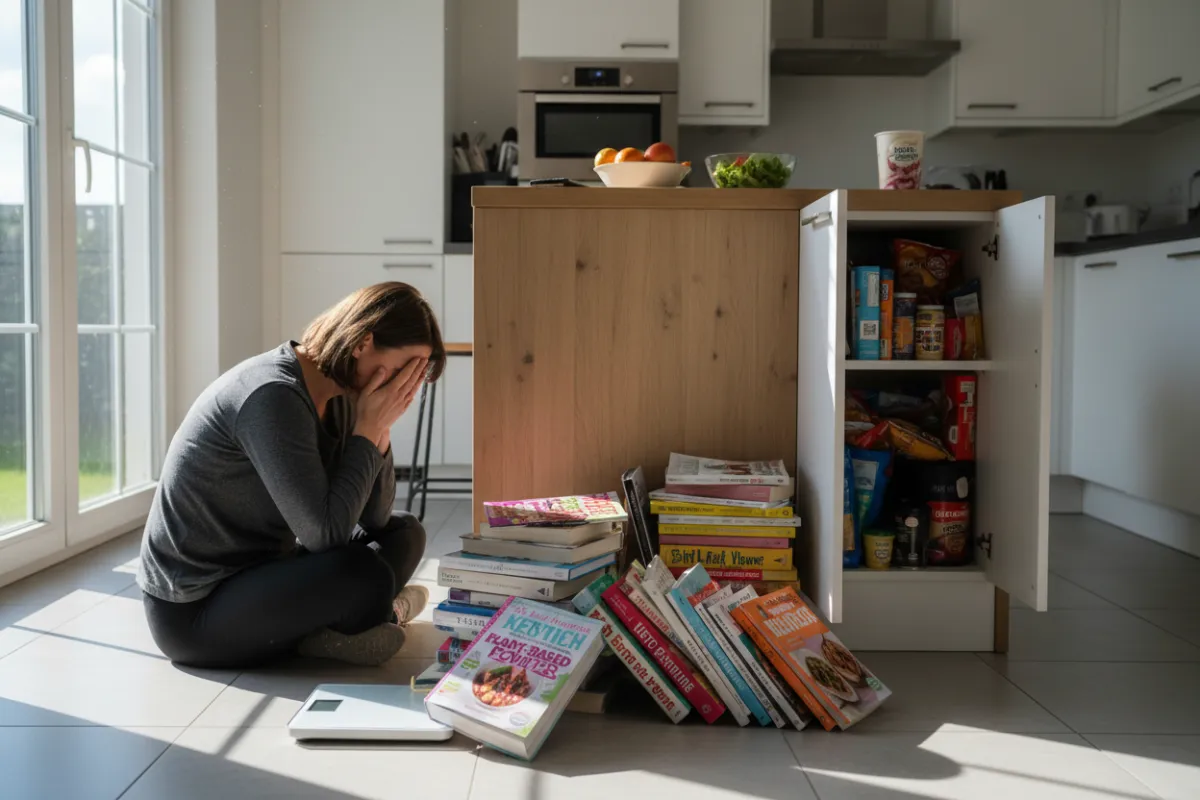 A kitchen scene with a person looking discouraged at a scale and a pile of diet books, highlighting the frustration of failed weight loss attempts. The setting is bright but the mood is contemplative. 3:2 aspect ratio.