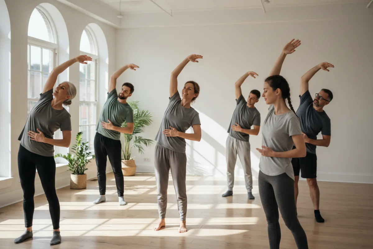 A wellness coach leading a small group in a bright studio, demonstrating mindful movement. Participants of various ages are engaged and attentive, with natural light streaming in. The atmosphere is supportive and uplifting. 3:2 aspect ratio.