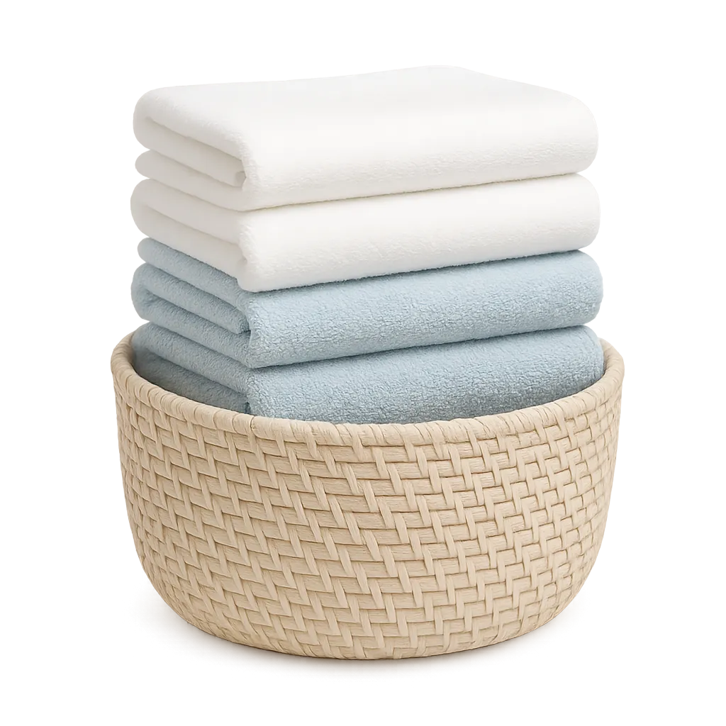 Neatly folded, crisp fresh laundry stack in a bright modern home
